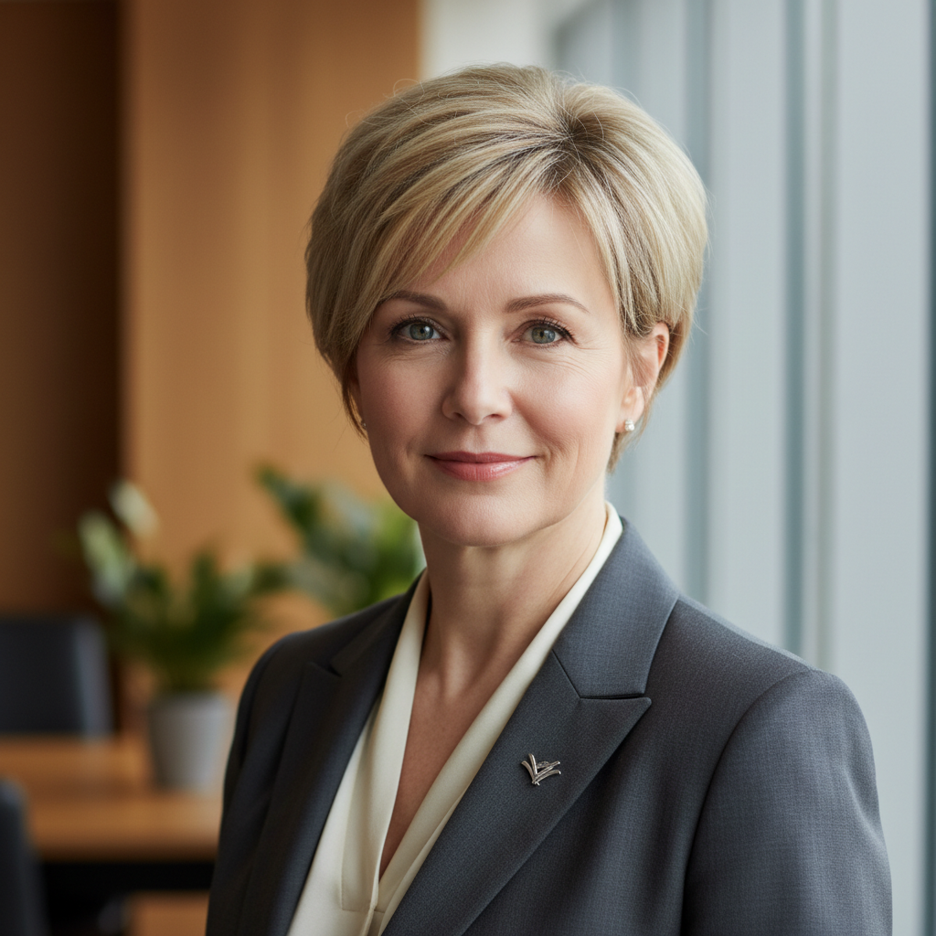White woman in her 50s with shoulder-length brown hair, professional business attire