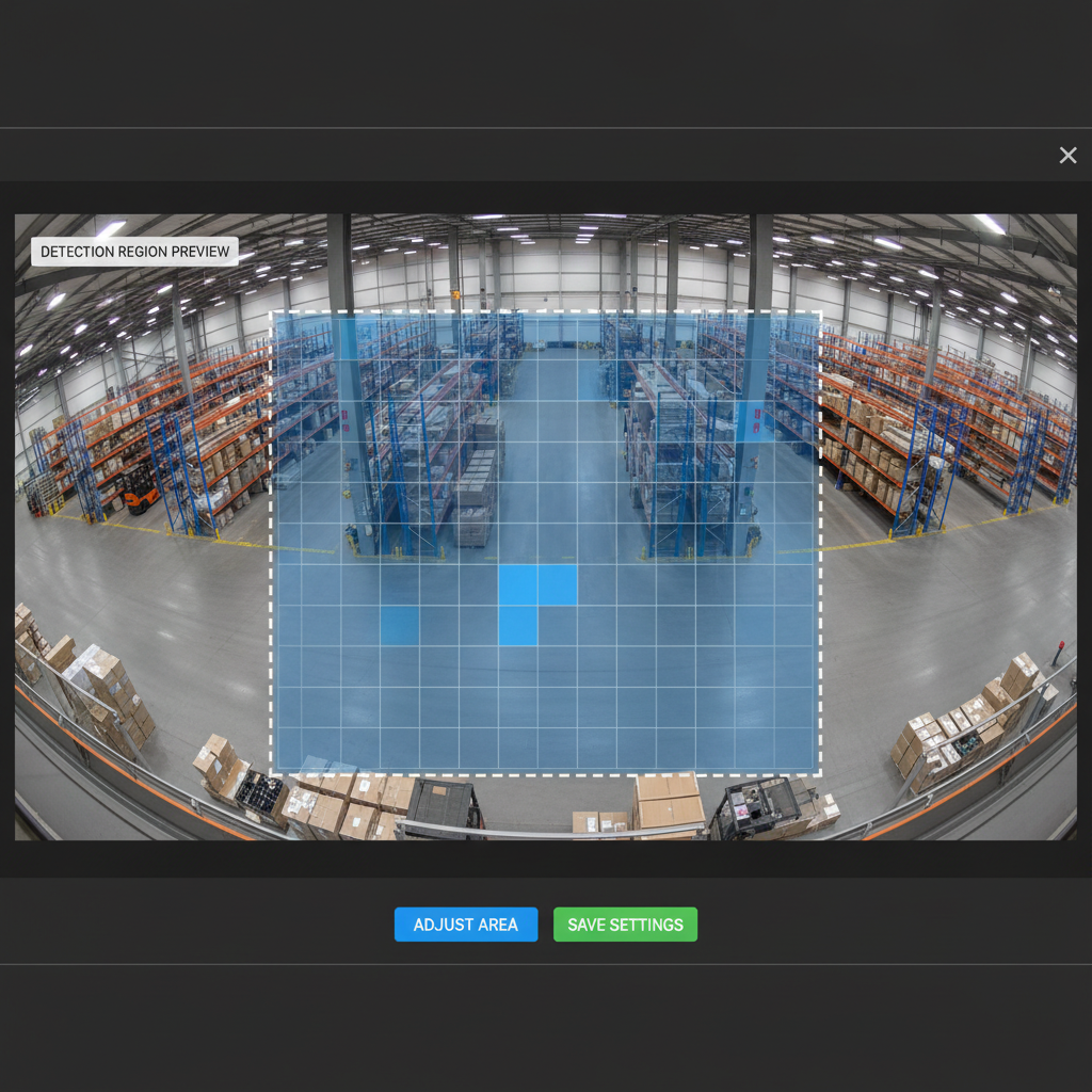 Security camera view showing warehouse interior with AI detection overlays monitoring restricted zones and safety compliance