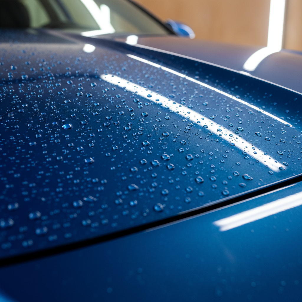 Polished vehicle exterior with water beading after detailing