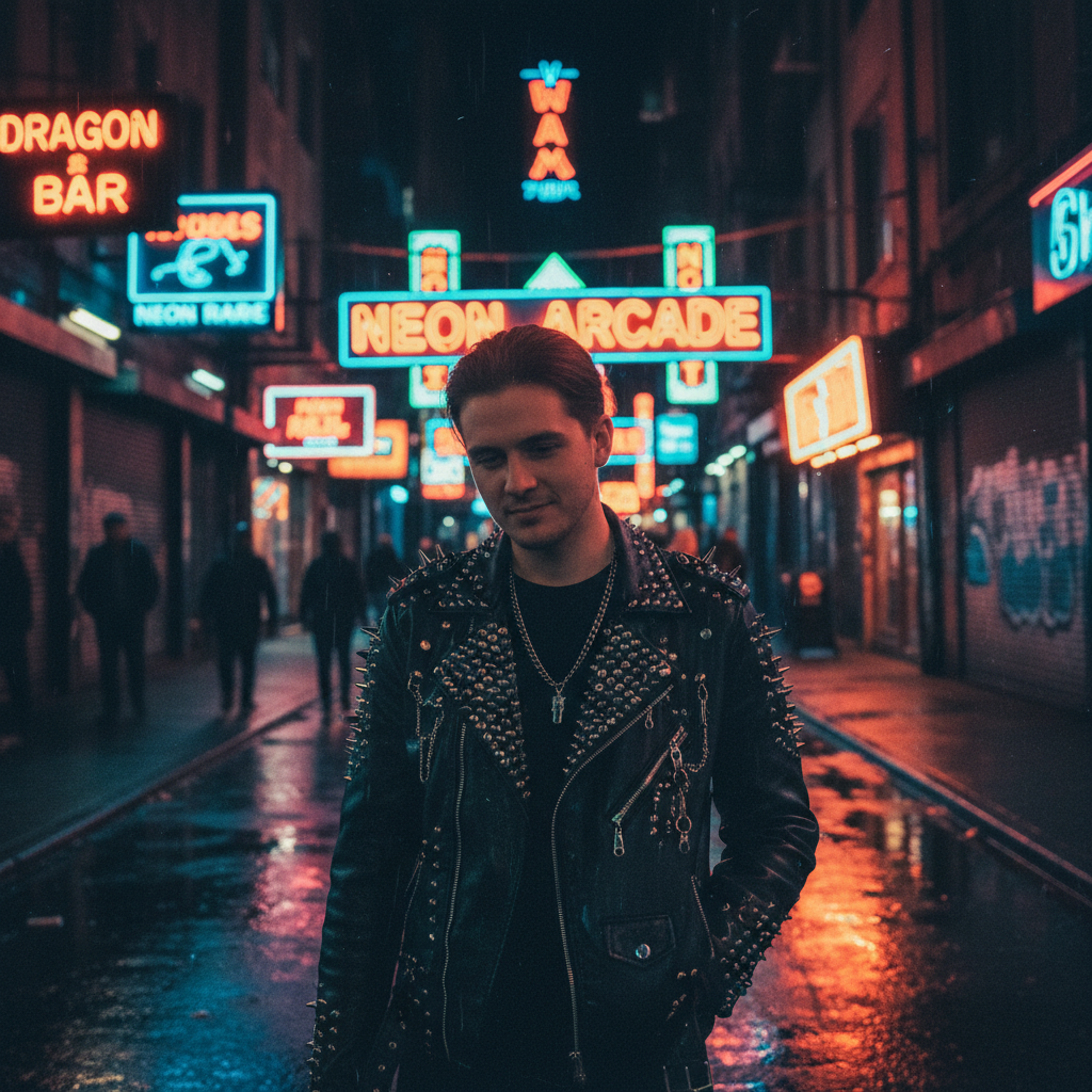 Grainy night photograph of someone in studded jacket under neon lights