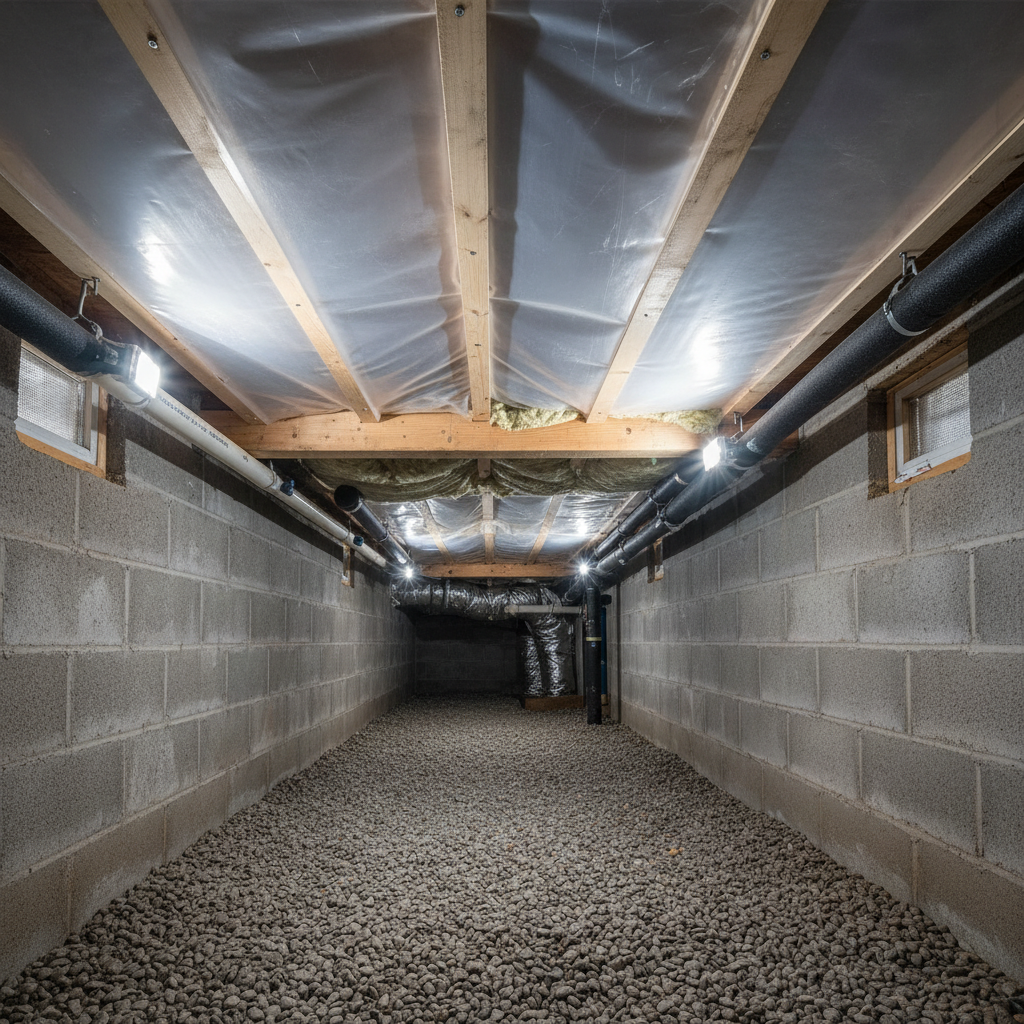 Reversed poly vapor barrier installation in crawl space