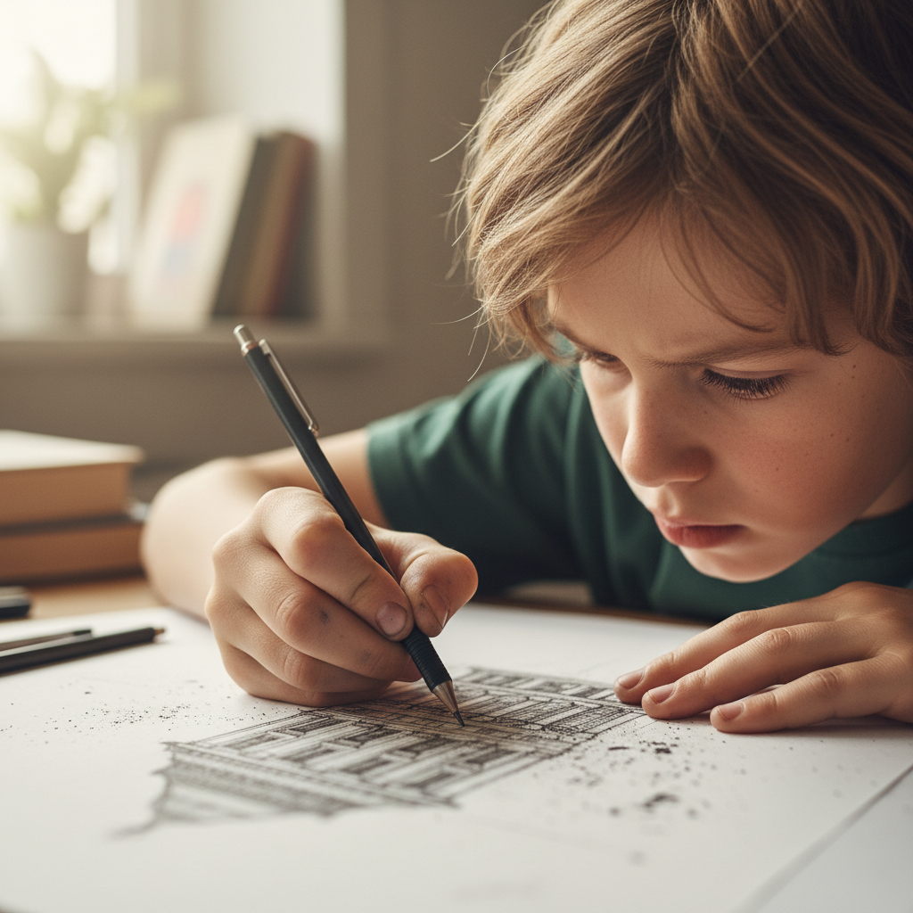 Focused older child working on detailed pencil cityscape with precise architectural lines