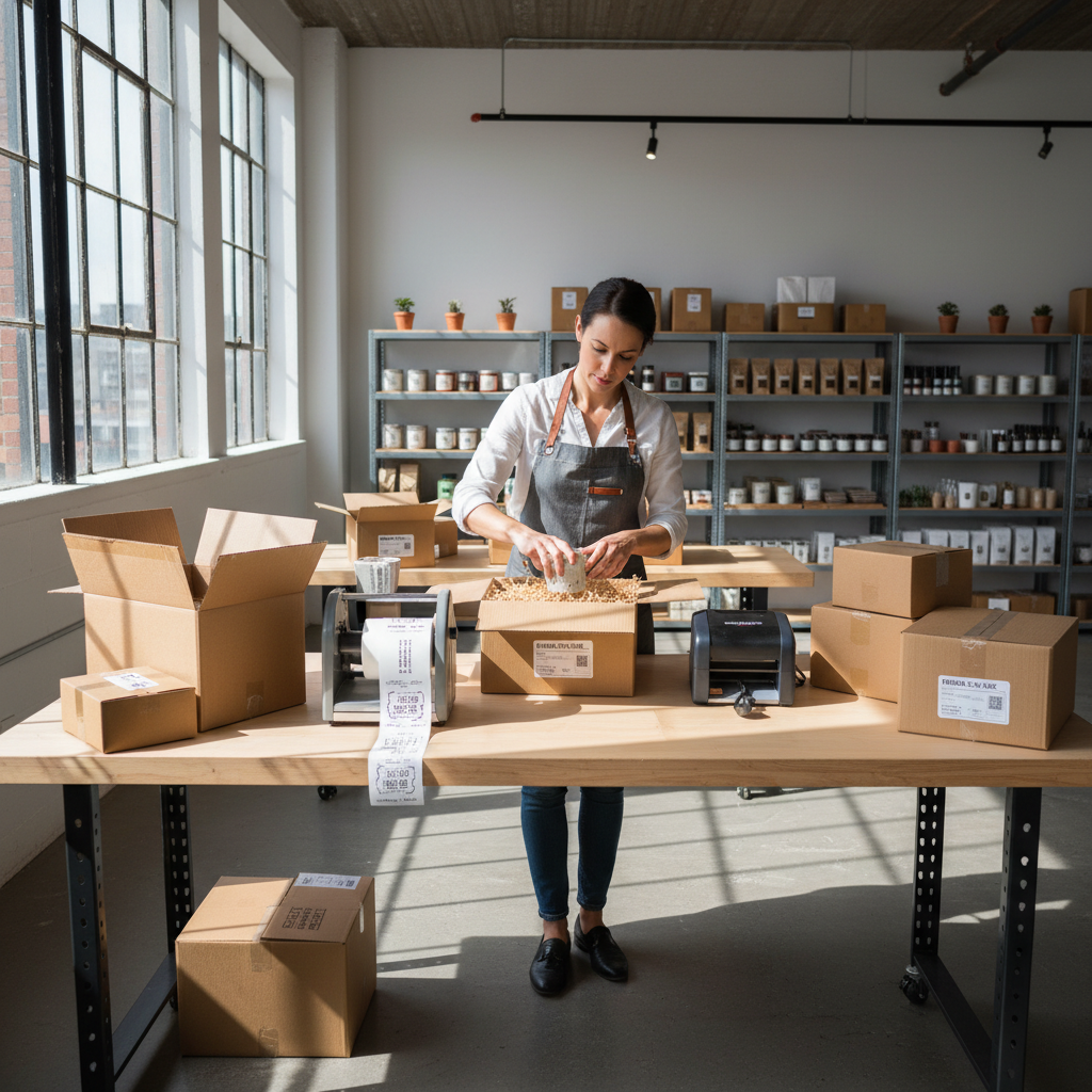 Small business owner packing products for shipment in a warehouse