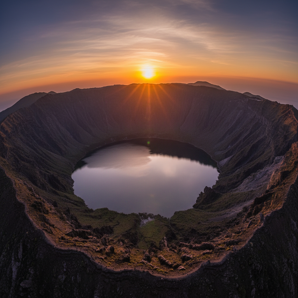 Stunning sunset over the Santorini caldera with volcanic islands in the background