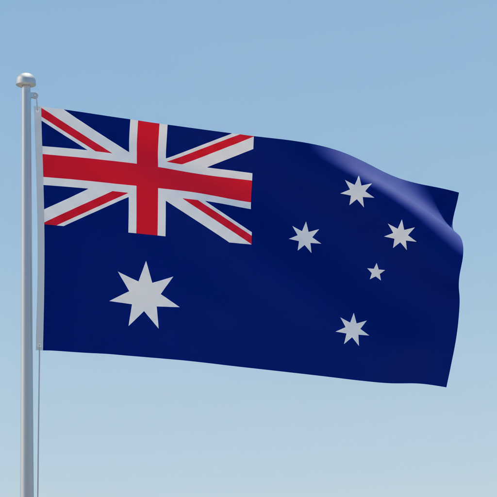 Australian flag with Union Jack in upper left corner and Southern Cross constellation on blue background