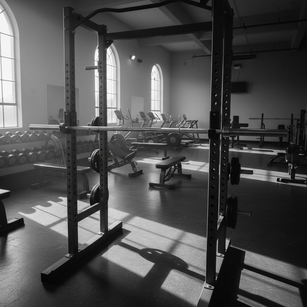 Empty barbell resting on a rack in a quiet gym, soft morning light, grayscale