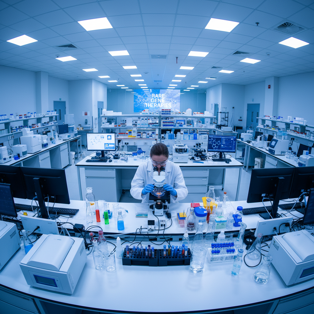 Neurodegenerative disease research laboratory with rare disease drug development and clinical trial data analysis