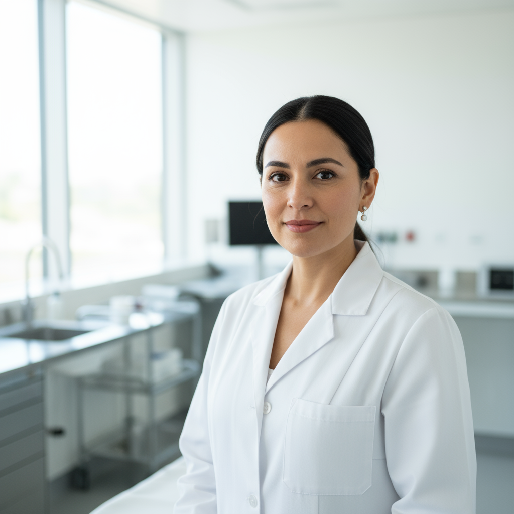 Hispanic woman with long dark hair in white lab coat holding clipboard