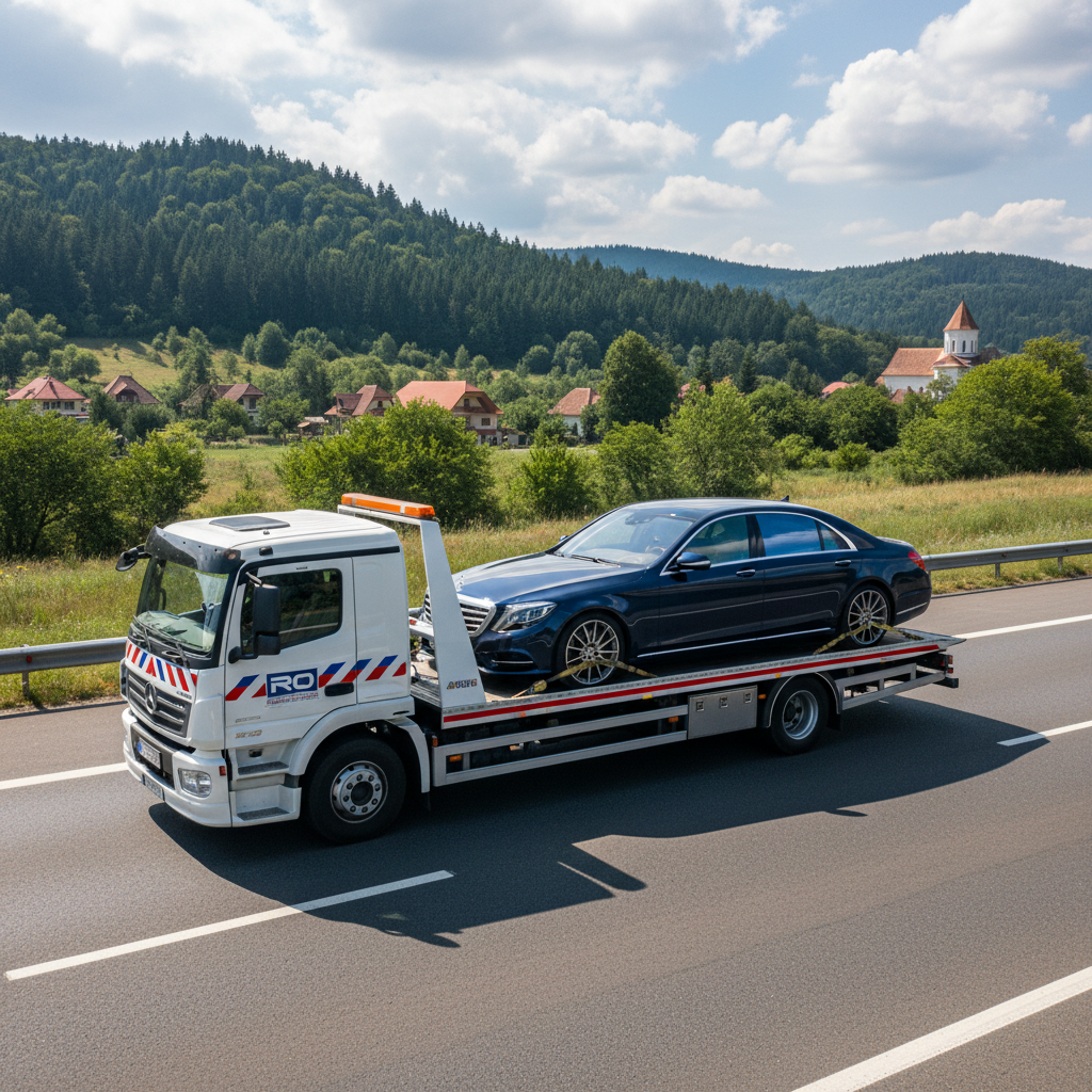 Professional flatbed tow truck transporting luxury sedan on Romanian highway during daytime