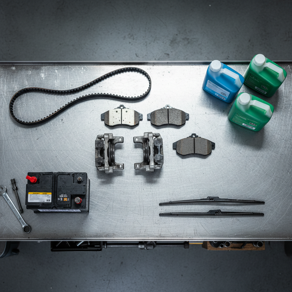 Overhead view of a steel workbench covered with winter automotive parts arranged in an exploded diagram style — brake pads, serpentine belt, wiper blades, coolant jugs, and battery