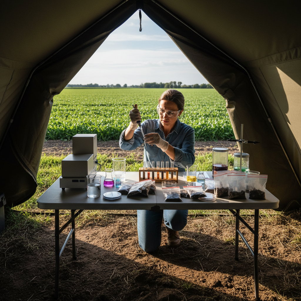 Agricultural scientist testing soil samples in field laboratory
