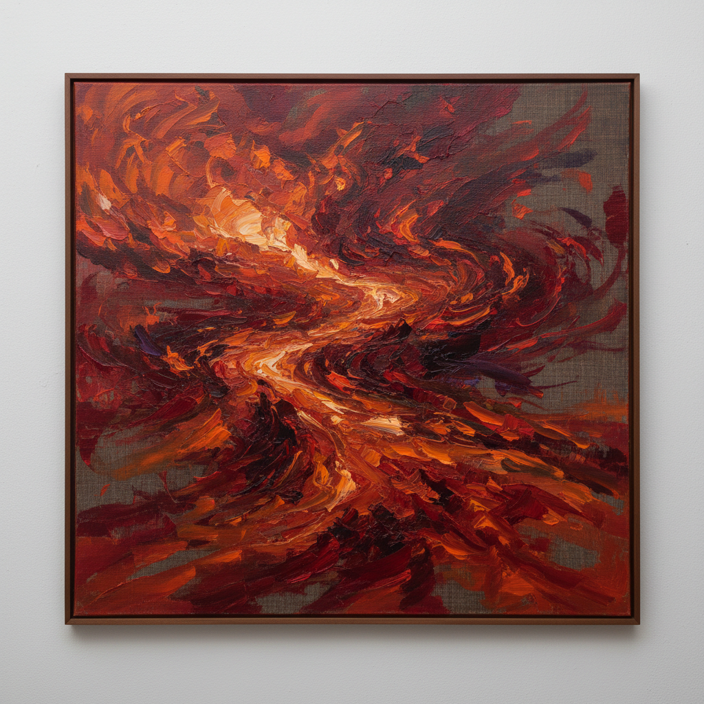 Wide panoramic abstract painting with dramatic dark tones and red accents on linen