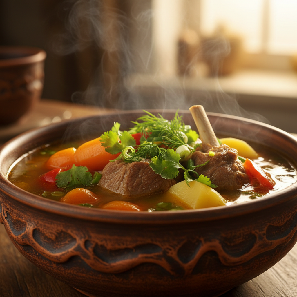 Deep ceramic bowl of shorpa lamb soup with whole vegetables, fresh herbs, and steam rising in warm kitchen light