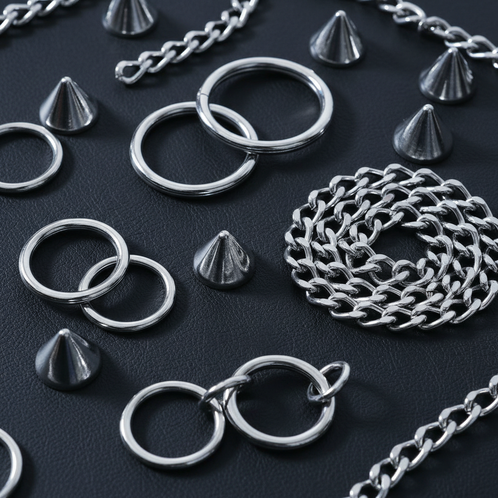 Chrome hardware details — rings, chains, and pyramid studs arranged on black surface