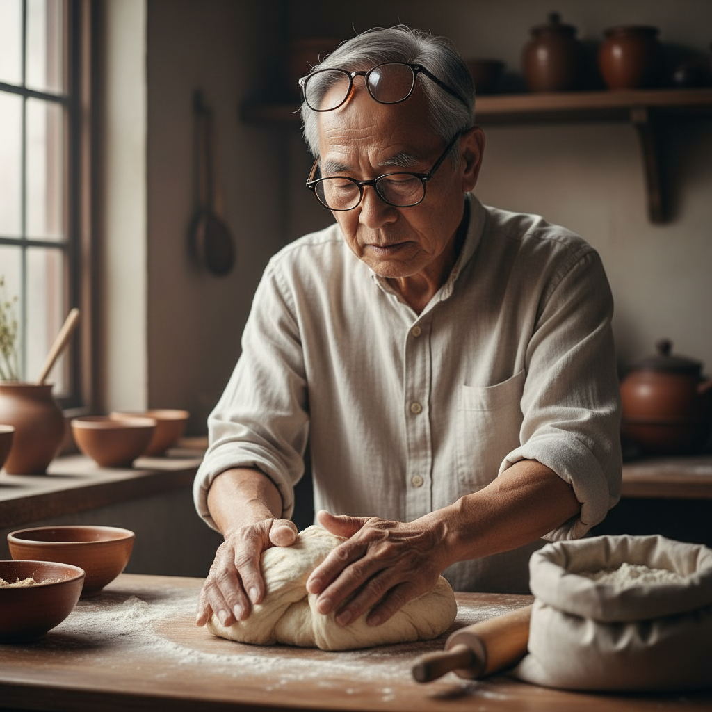 Bernard Nakamura, older Asian man with reading glasses on forehead kneading dough with focused expression