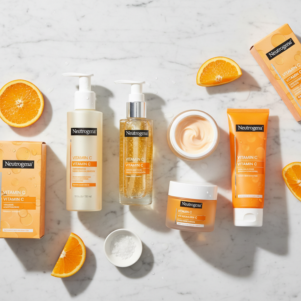 Orange vitamin C face cream jar on white marble surface with citrus slices