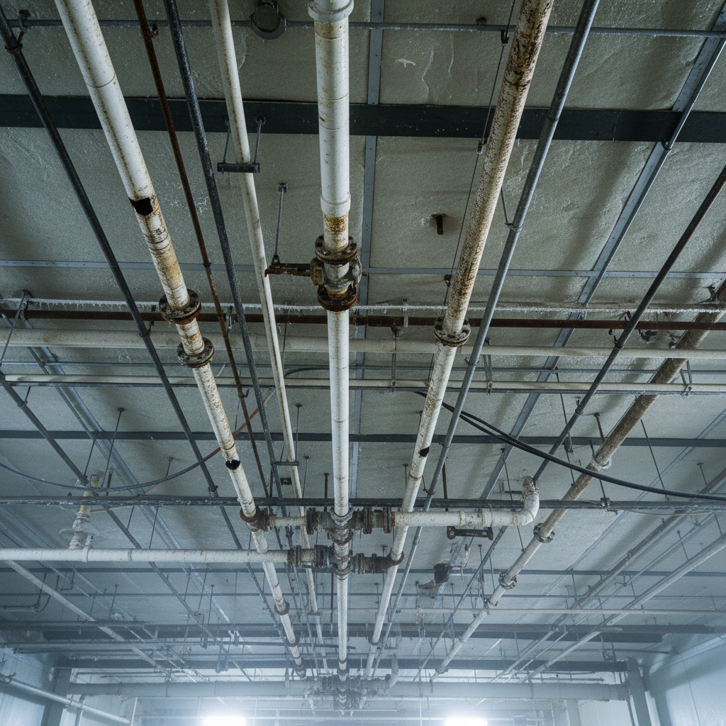 Completed multi-zone sprinkler system in cold storage facility with labeled zone valves, color-coded inspection tags, and new pendant heads