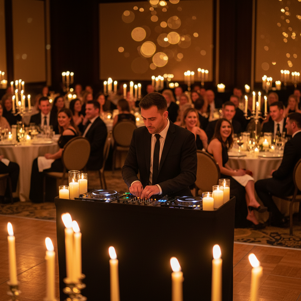 DJ at candlelit corporate gala with warm amber bokeh and guests mid-laugh at round tables