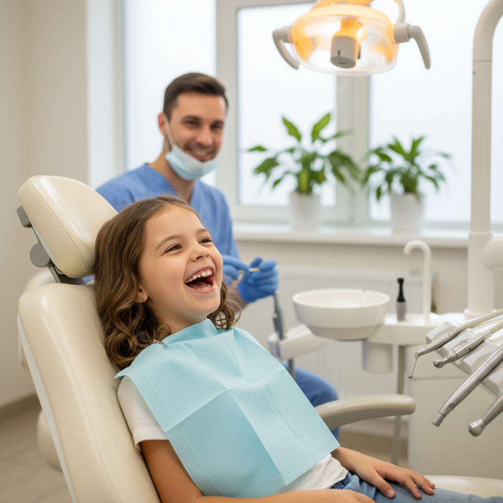 Young girl laughing in dental chair, relaxed and comfortable during checkup