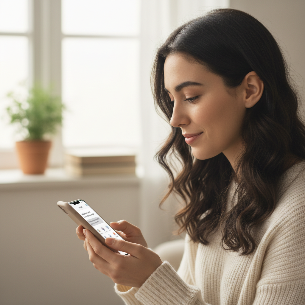 Person using smartphone in bright room, white background, clean modern setting, natural daylight