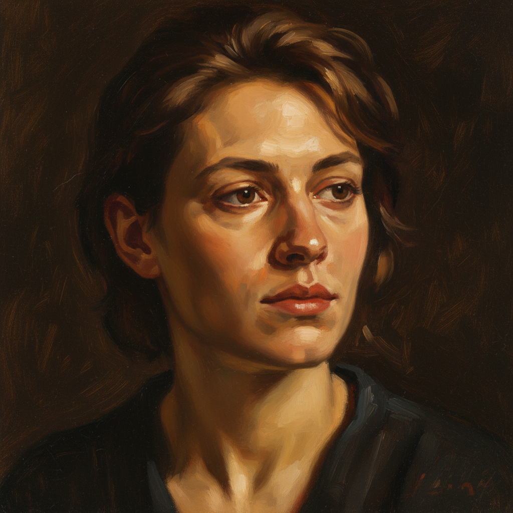 Warm amber portrait lighting illuminating a serene face in quiet contemplation against dark background