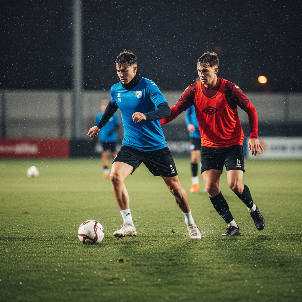 Young footballer dribbling past a defender during a training session under floodlights