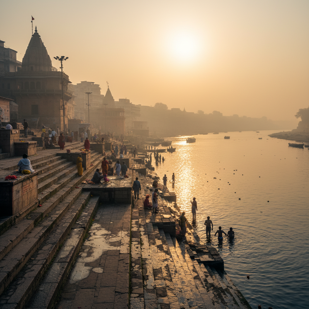 Ancient Varanasi ghats at dawn with golden sunlight reflecting on the sacred Ganges river