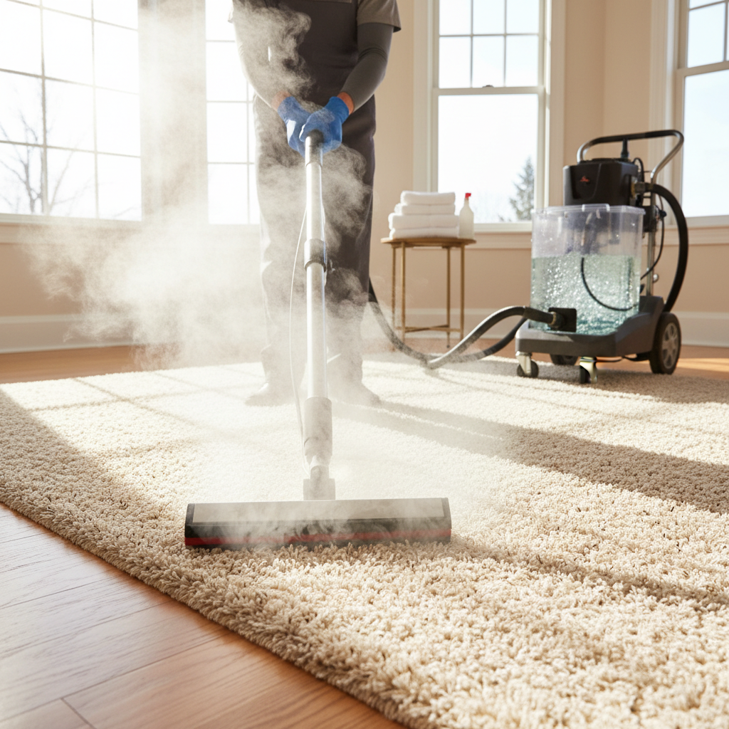 Rey's Carpet Cleaning technician in uniform using professional equipment in a bright residential home, wide angle shot, warm lighting