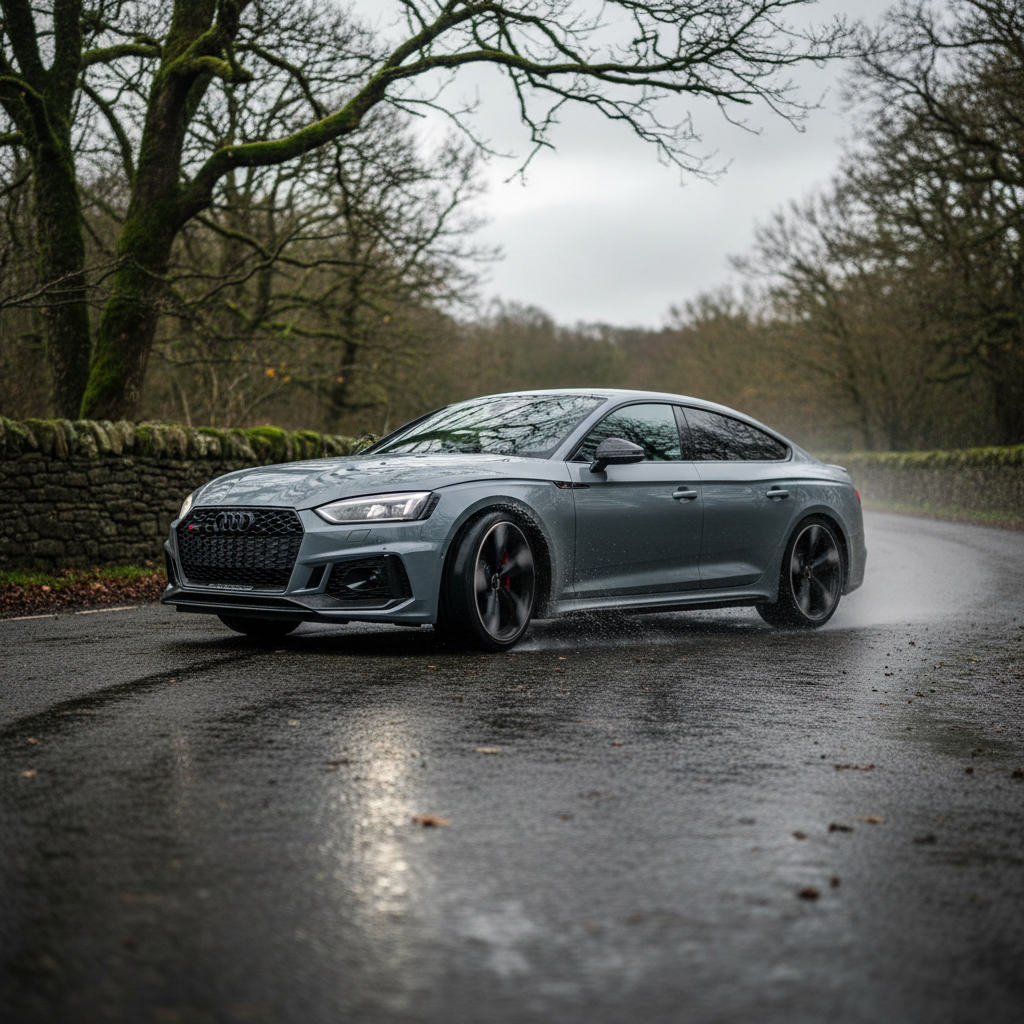 Audi RS5 Sportback mid-corner on wet B-road, brake dust on wheels, stone chips on lower sills