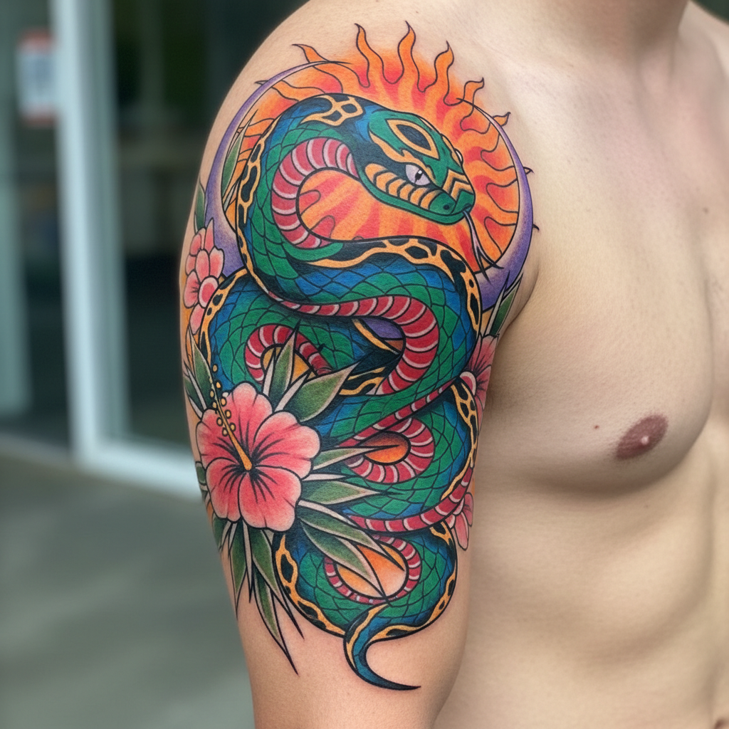 Neo-traditional snake tattoo on upper arm with bold color fills