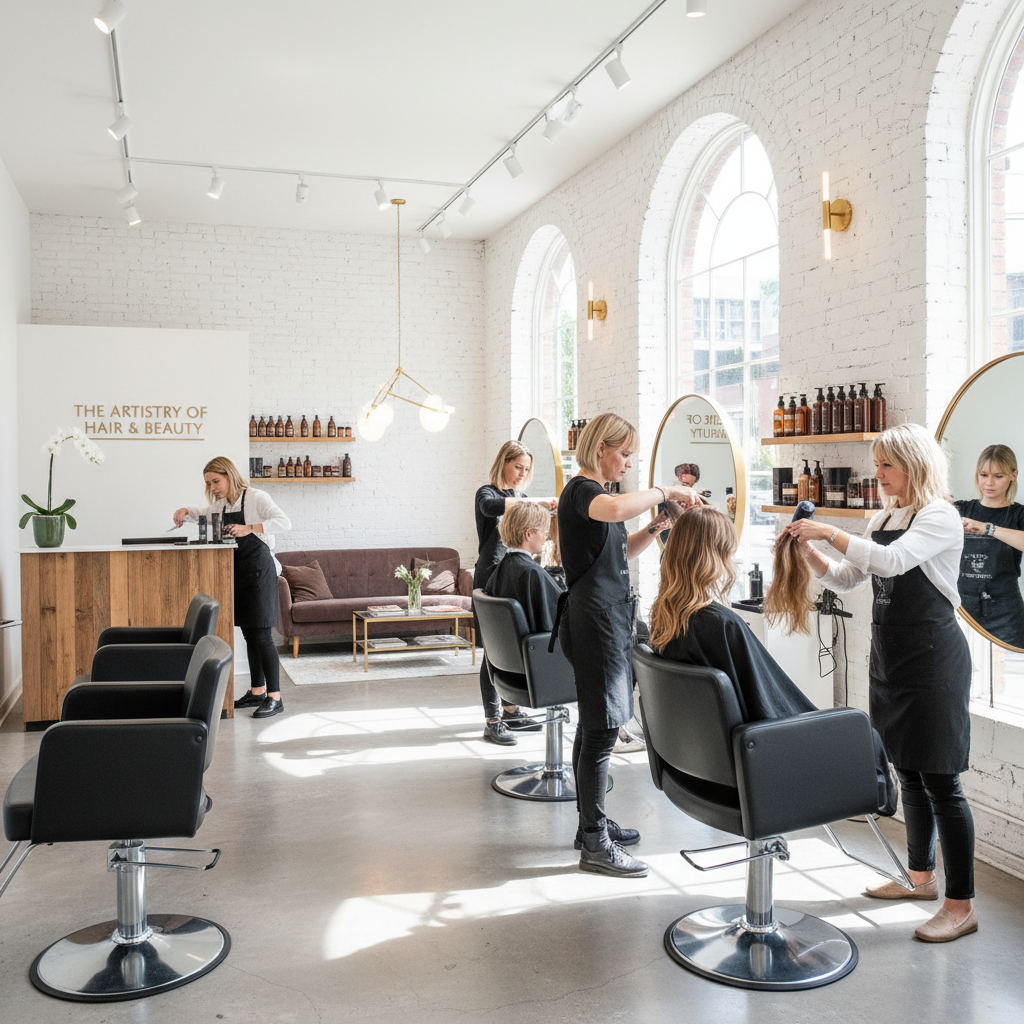 Bright modern hair salon with natural light, white walls, and professional styling stations