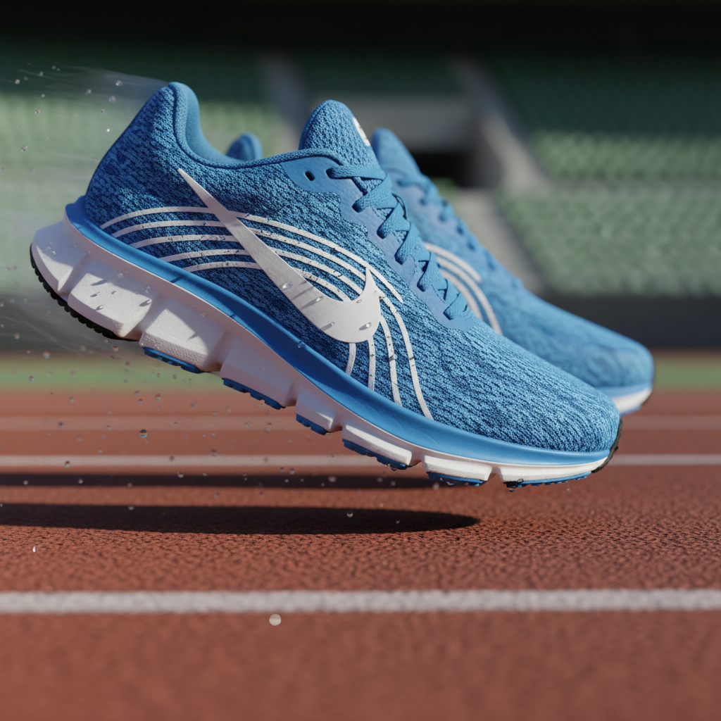 Black and neon green running shoe on track, dynamic angle