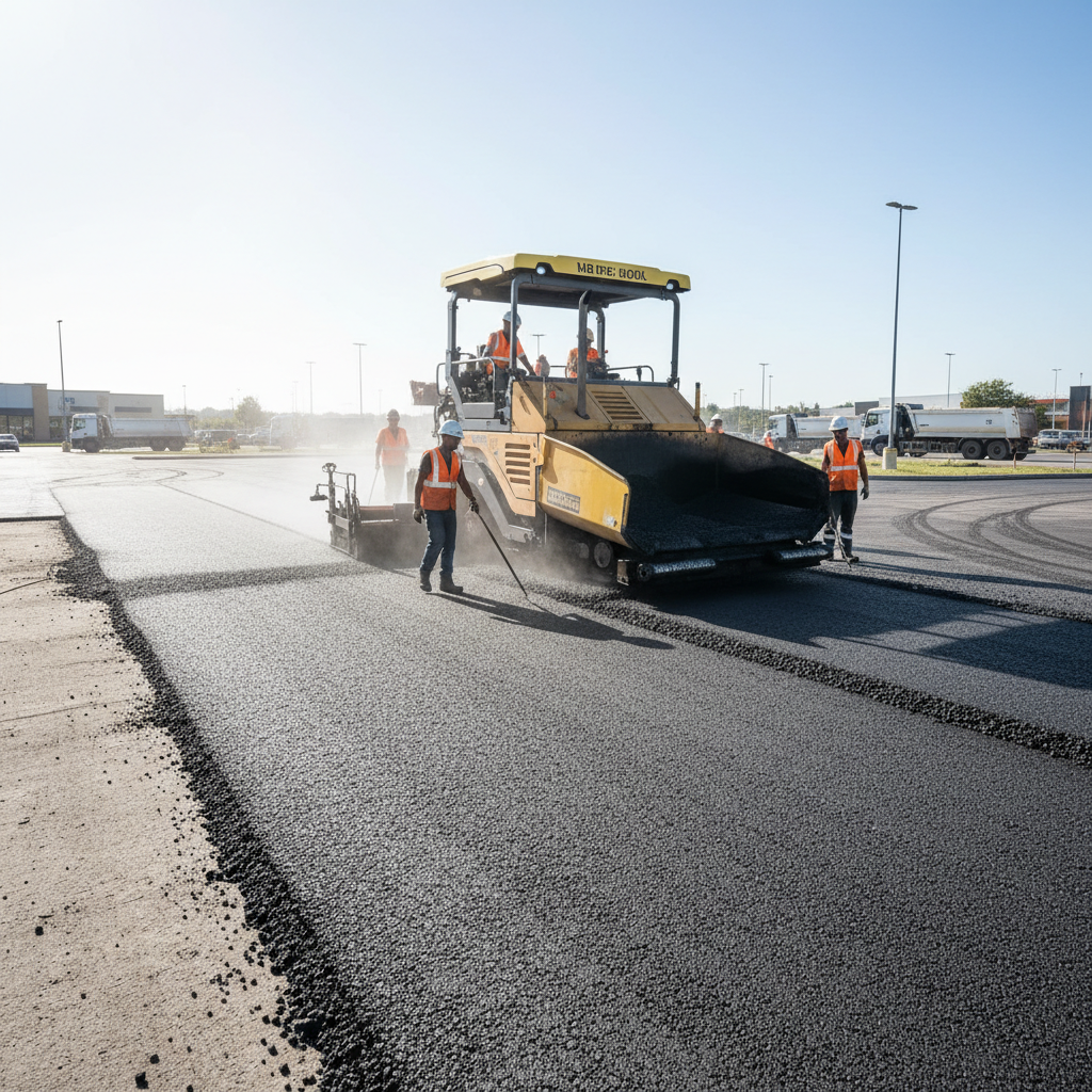 Asphalt paving machine laying binder course on carpark surface