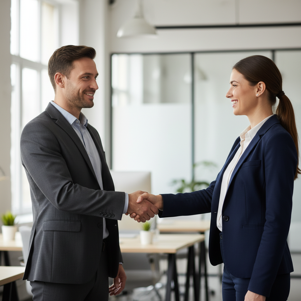 Two professionals shaking hands after successfully resolving a financial compensation claim