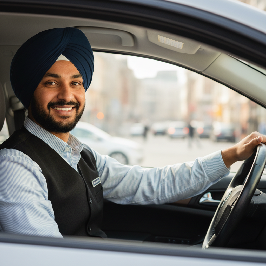 Professional Indian cab driver in neat uniform smiling confidently, trustworthy