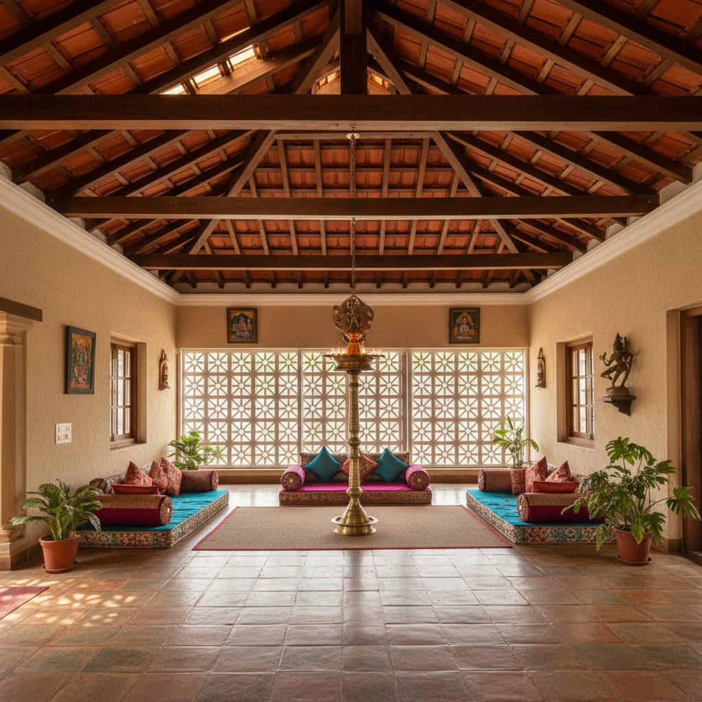 Traditional South Indian guesthouse courtyard with brass lamp, stone columns, and tulasi plant in warm evening light