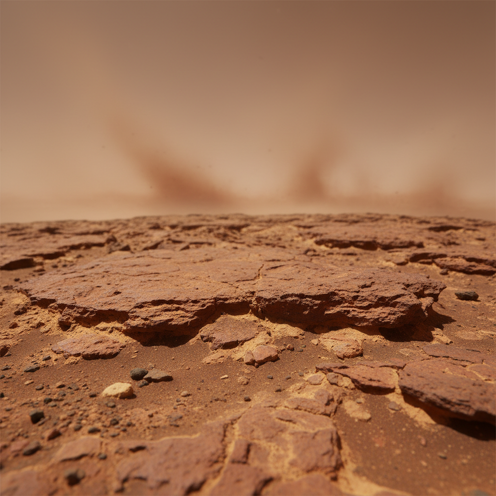 Mars red surface terrain, rusty iron-oxide plains, thin dusty atmosphere, dramatic horizon, dark sky