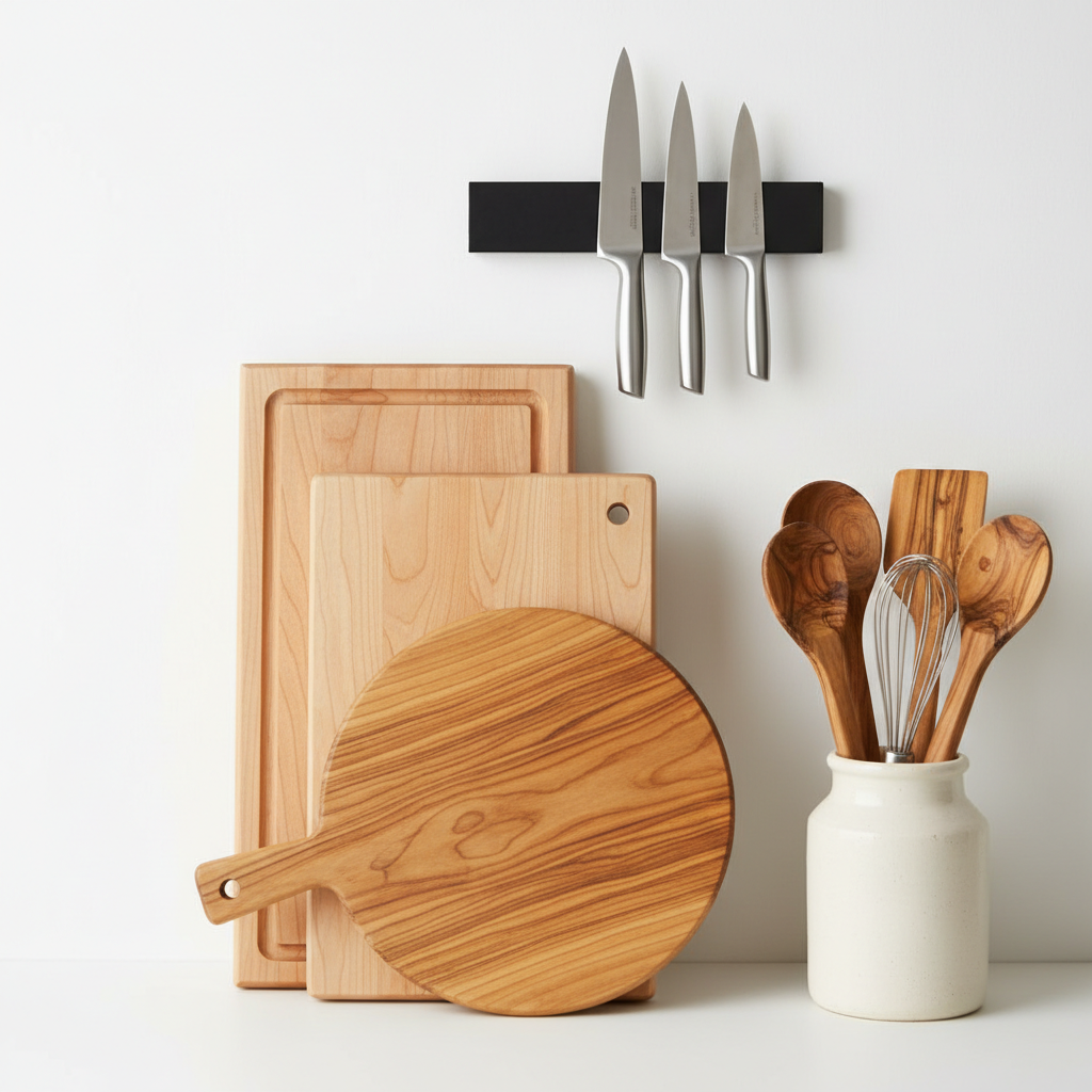 Maple cutting boards alongside a magnetic knife strip mounted on white wall and olivewood utensil set in a ceramic holder