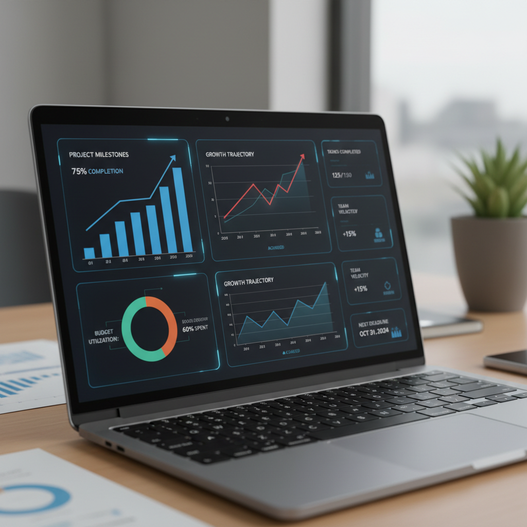 Laptop showing charts and progress dashboards on a desk