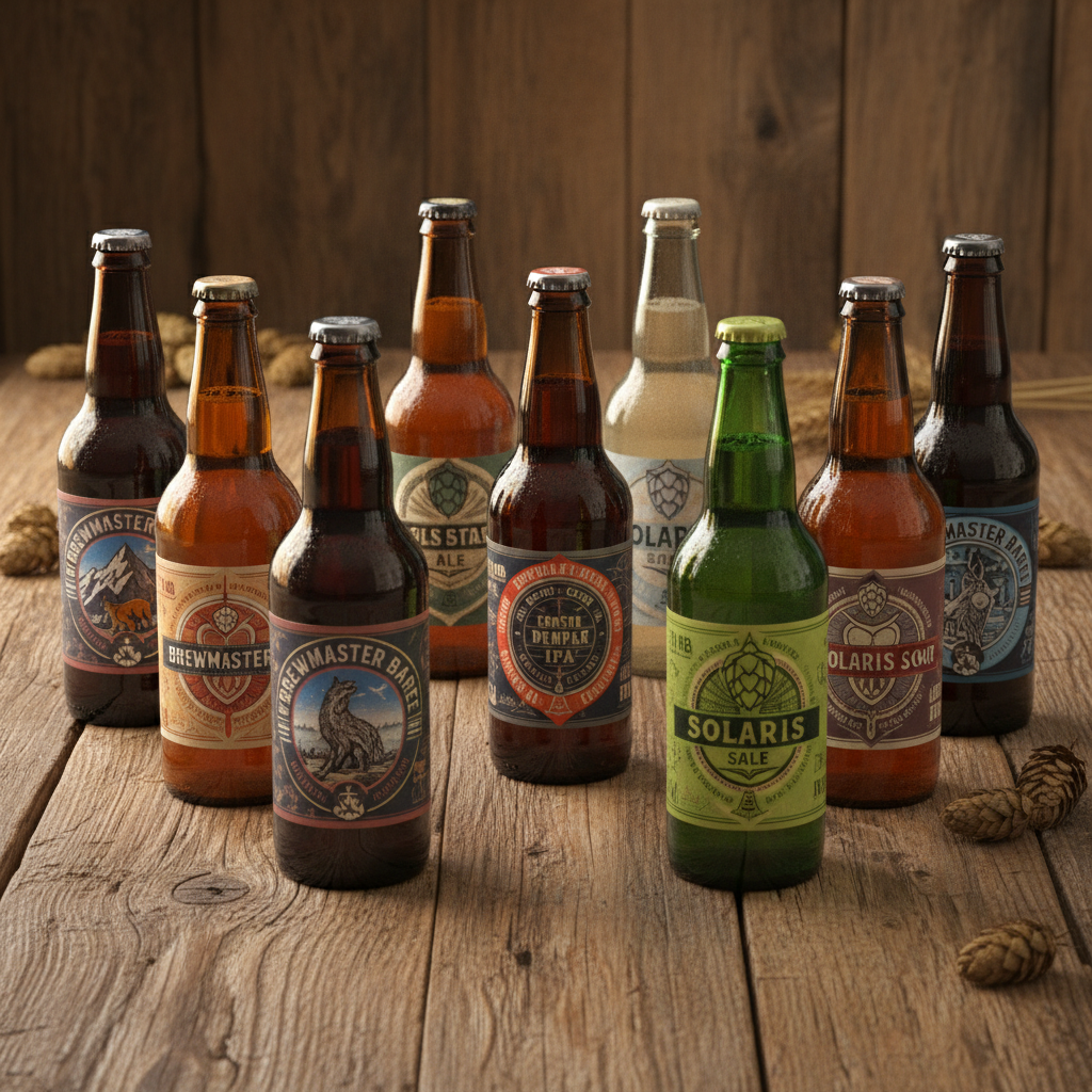 Assorted craft beer bottles and cans on a wooden surface