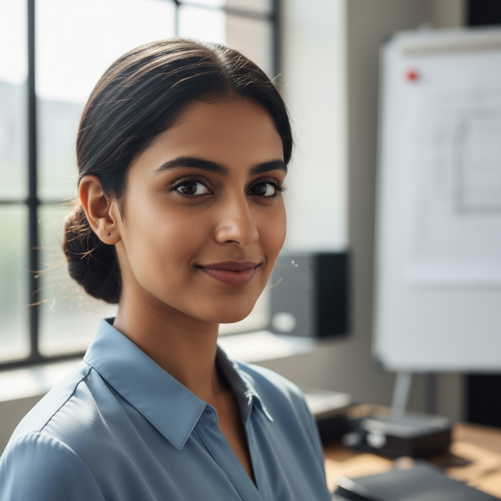 Young Indian college woman, confident expression, professional casual attire