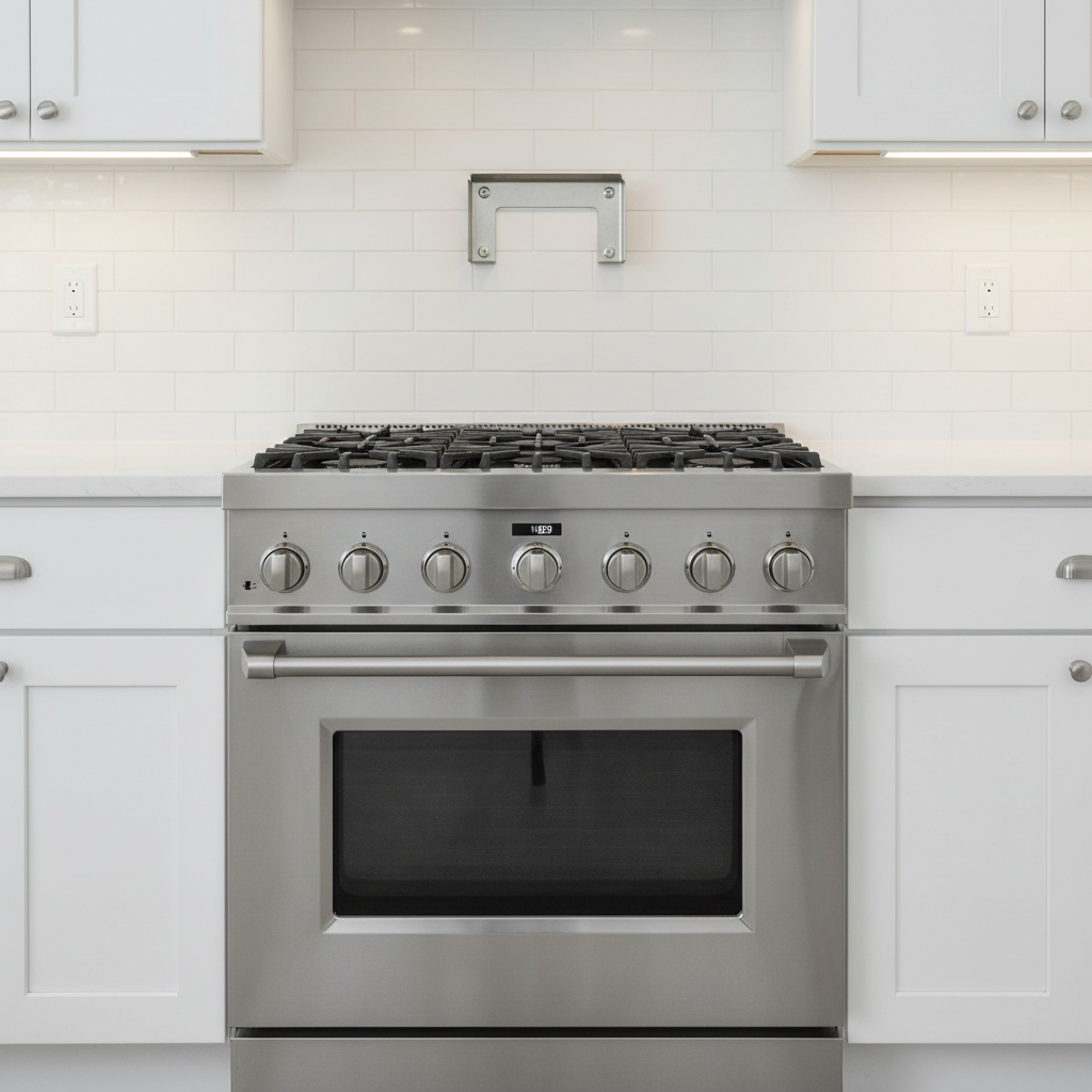 Stainless steel range installed flush against white kitchen cabinets with anti-tip bracket secured