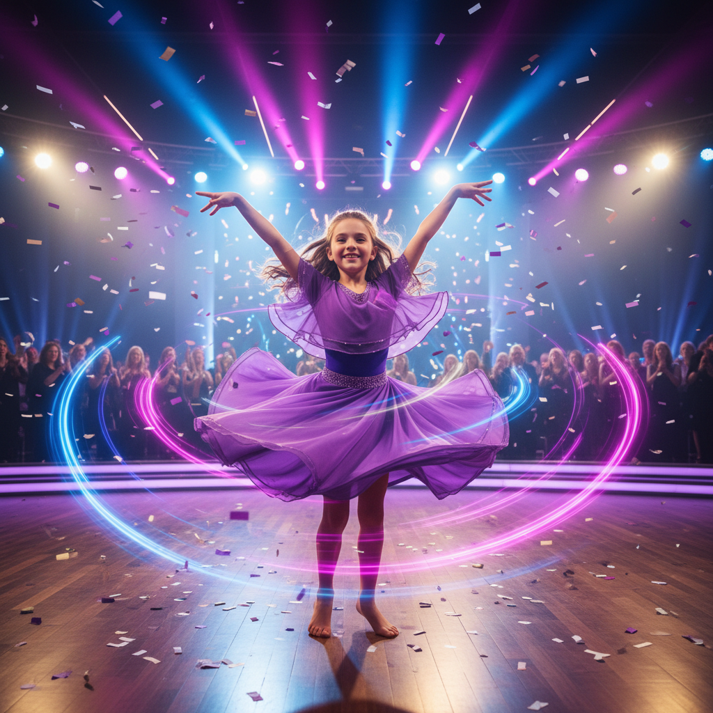 Young girl in purple top mid-spin on dance floor