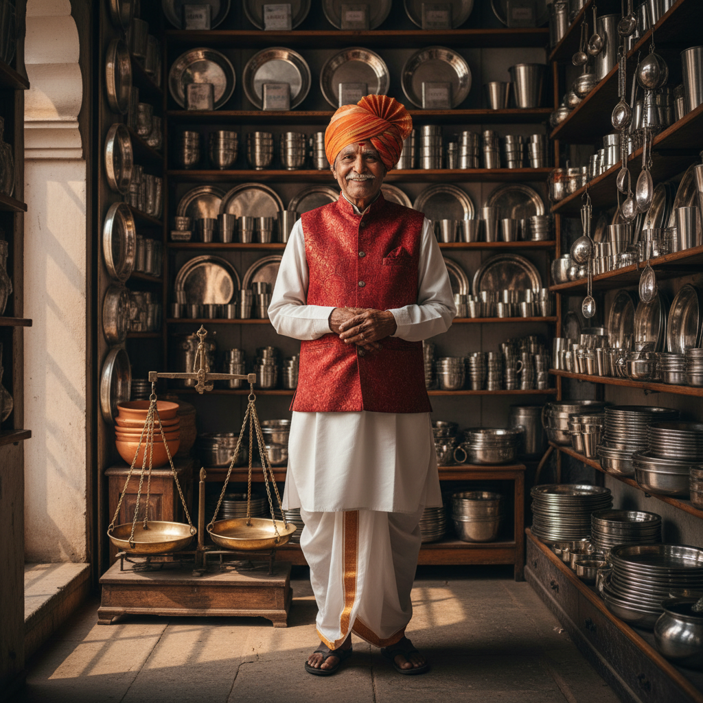 North Indian kirana store owner in traditional attire standing proudly in front of well-organized shop with colorful product displays
