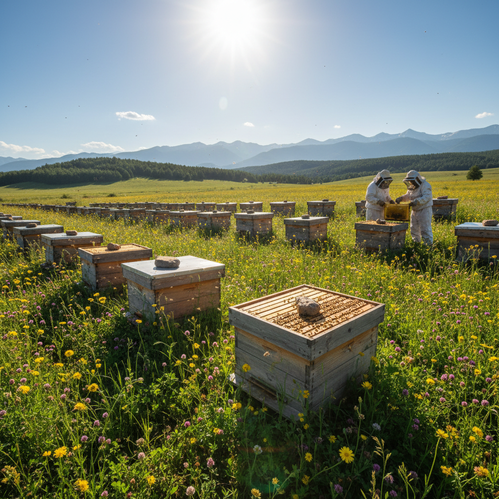 Beekeeper in traditional white suit tending wooden hives on sunny hillside, bright daylight