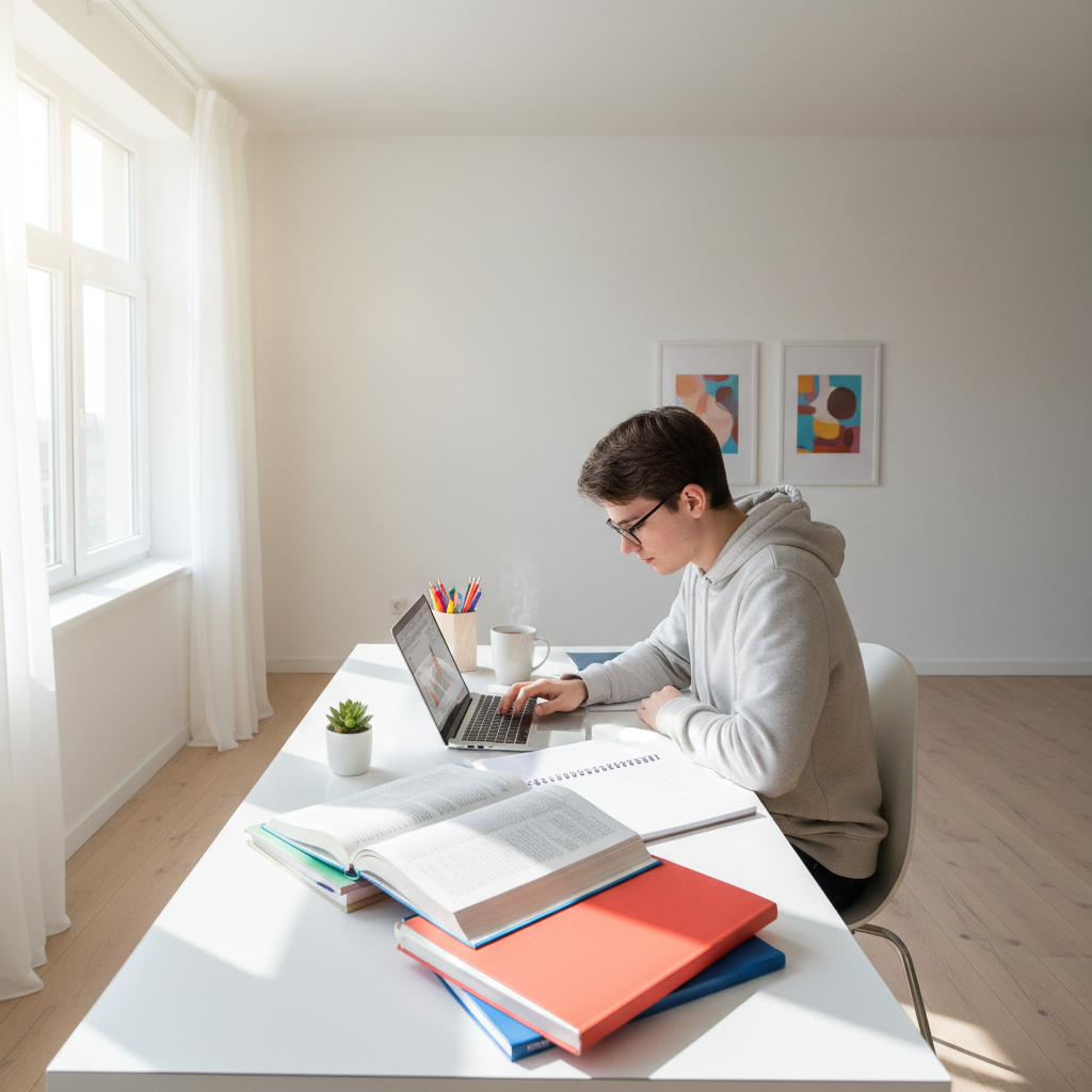 Young student studying at desk with open books and laptop in bright airy library setting