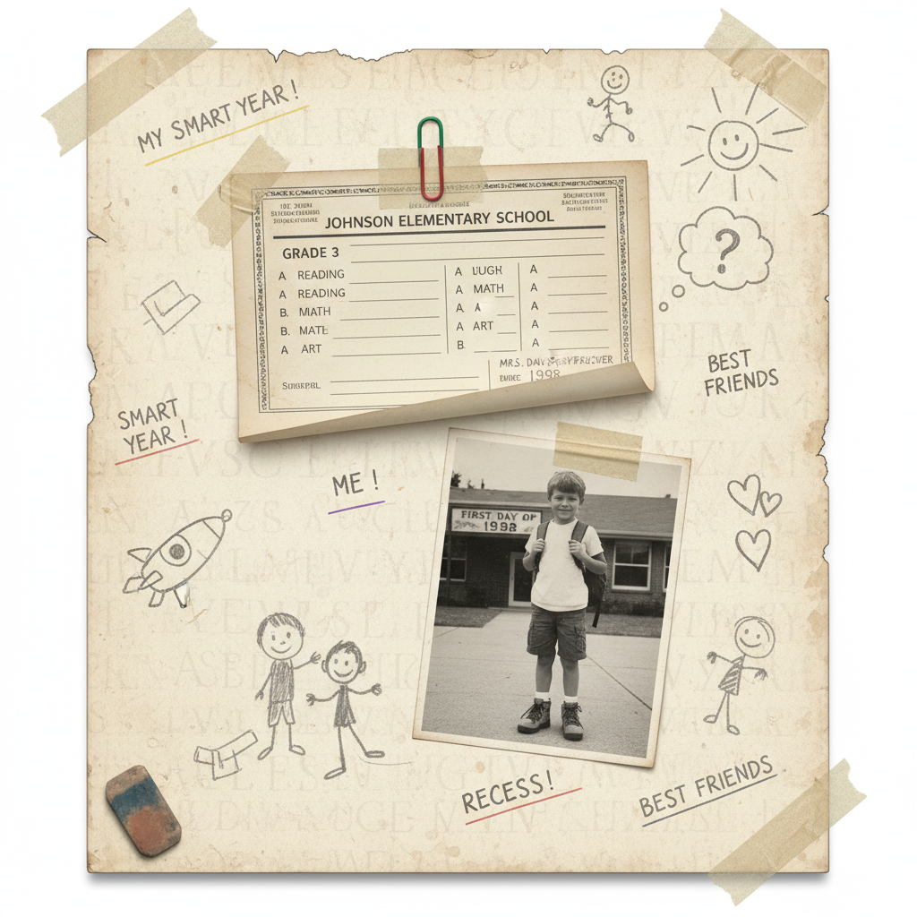 School memories scrapbook page with report card photocopy, pencil doodles, and first-day-of-school photo