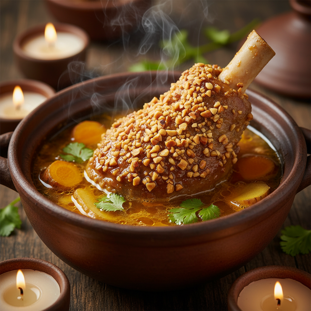 Dark spiced broth in a clay bowl with tender meat pieces, steam rising, dim warm lighting