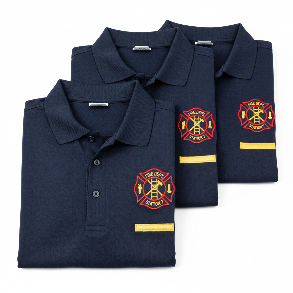 Fire department station polo shirts with embroidered department logo and rank insignia