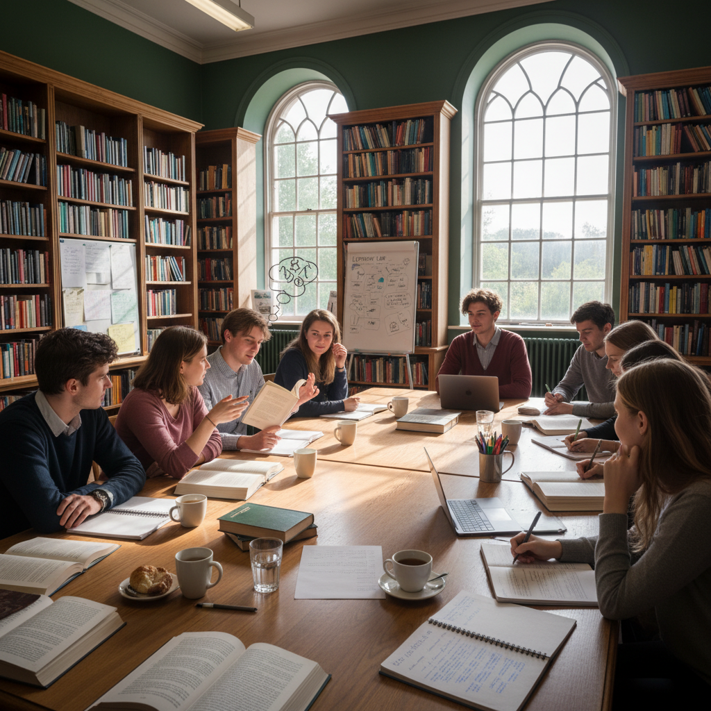 Small group of students in deep conversation around a wooden seminar table with books and coffee